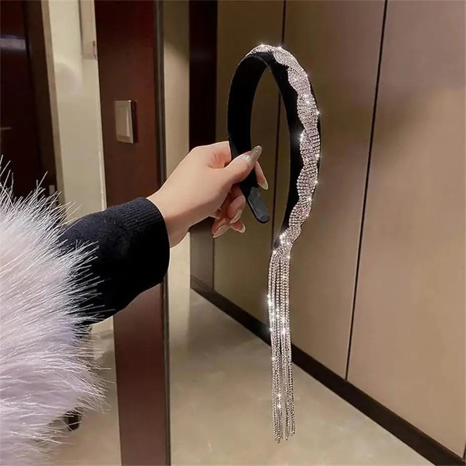 Black Velvet Rhinestone Tassel Headband – Bridal Hair Clip