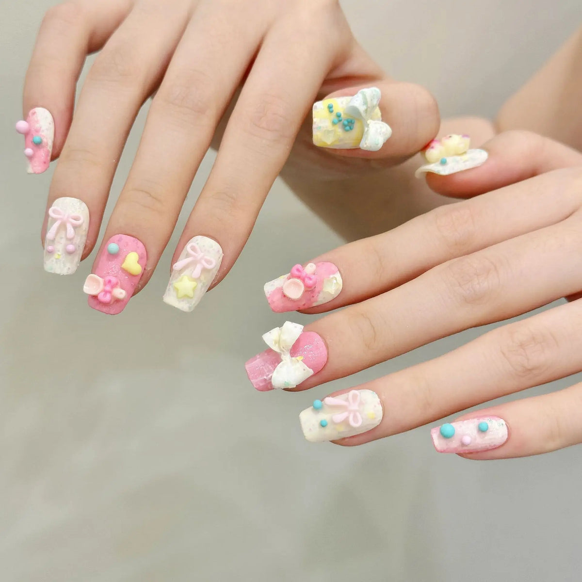10pcs Handmade Pink Press On Nails | 3D Strawberry Bow Rabbit
