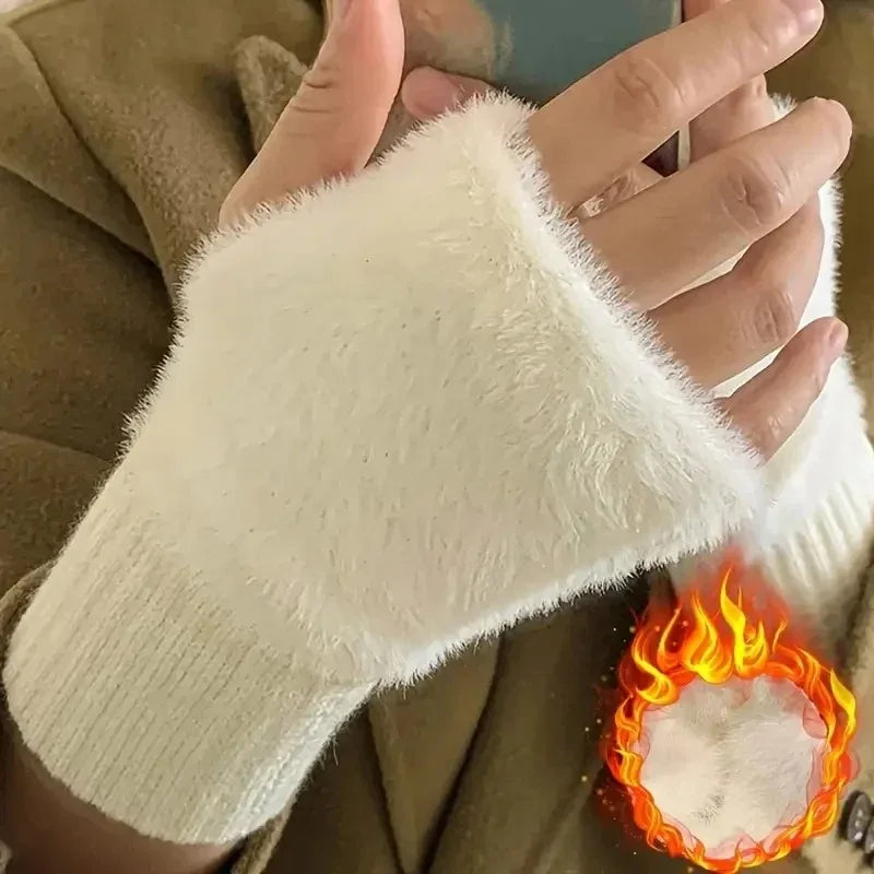 Women's Plush Half-Finger Gloves – Warm Knit Fingerless