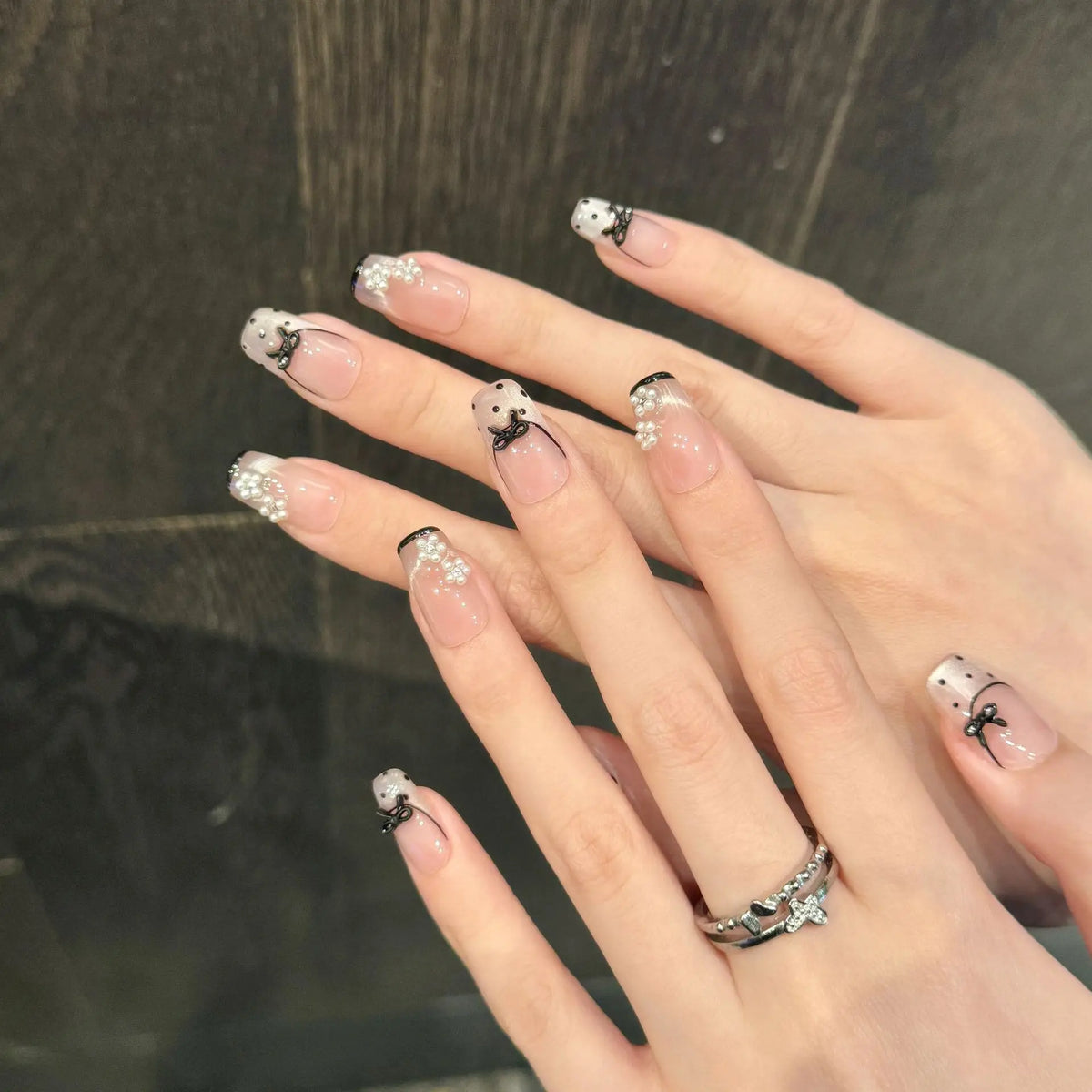 10pcs Press On Nails Black Bow Cat Eye French Fake Nail Tips
