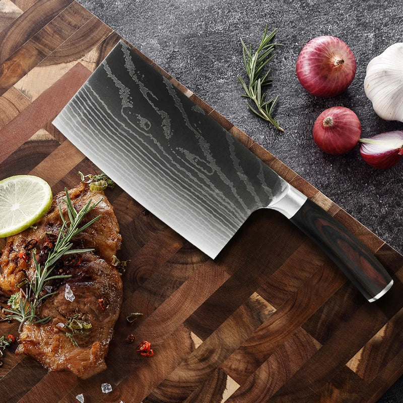 Chinese Cleaver Damascus Knife – Sharp Stainless Steel, Wood Handle