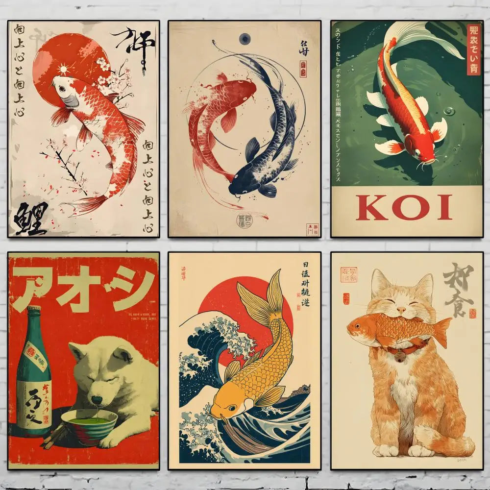 Japanese Koi Fish Flowers HD Art Poster – Self-Adhesive Wall Decor
