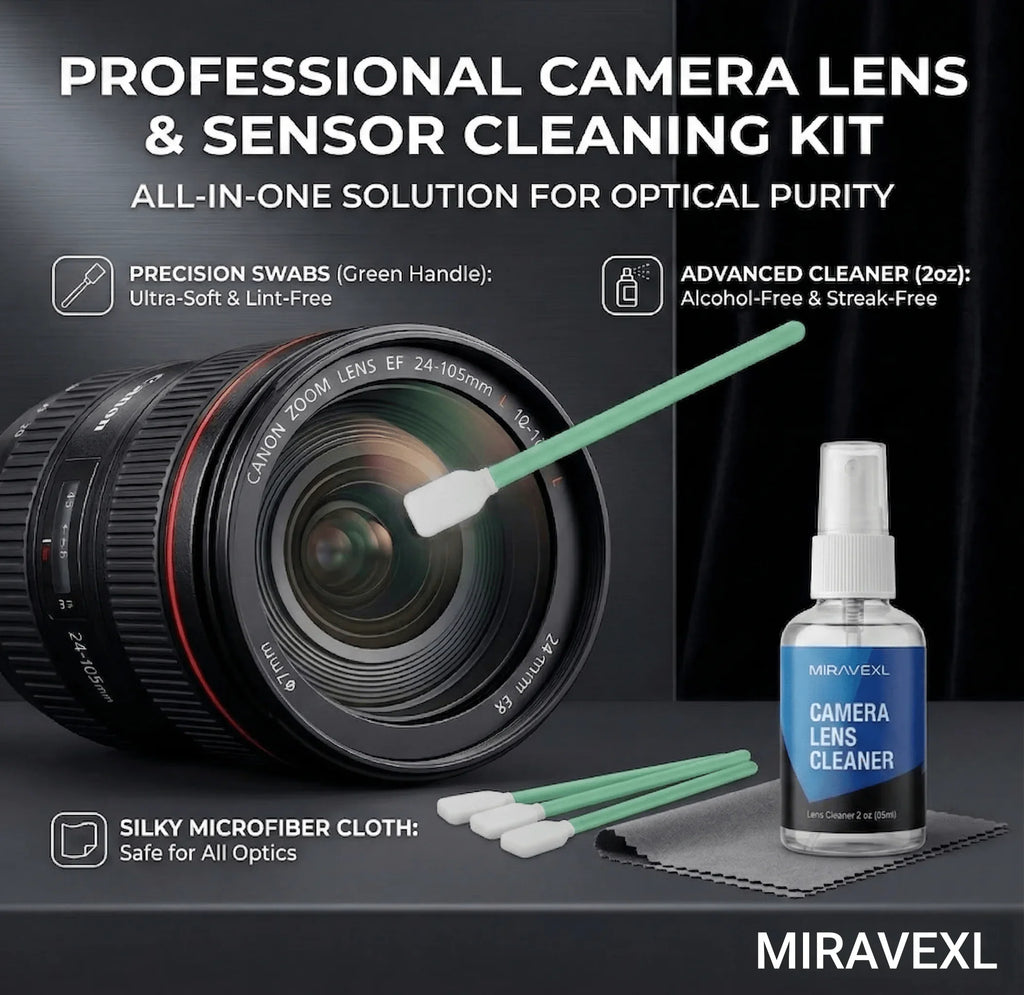 MIRAVEXL Camera Lens Cleaner Kit – Microfiber Cloth, Sensor Swabs & Dual-Action Spray for DSLR, Glasses & Screens