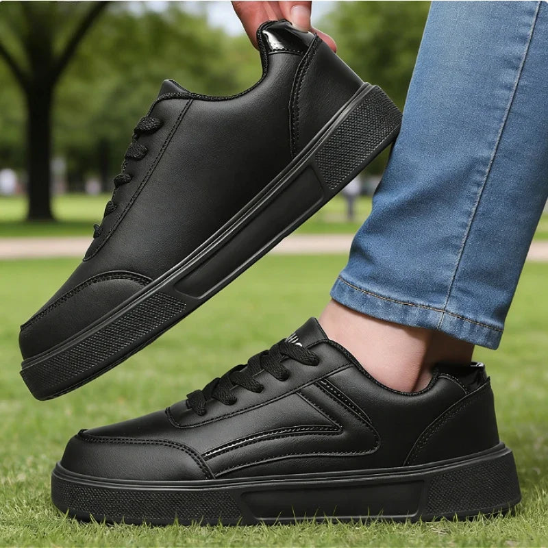 Women's All Black Lace-Up Leather Sneakers | Lightweight Work Shoes