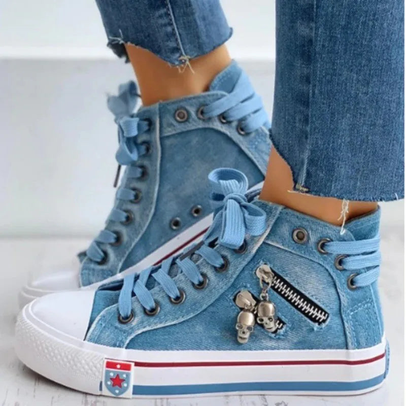 Women's High Top Denim Canvas Sneakers – Lace-Up Flat Shoes