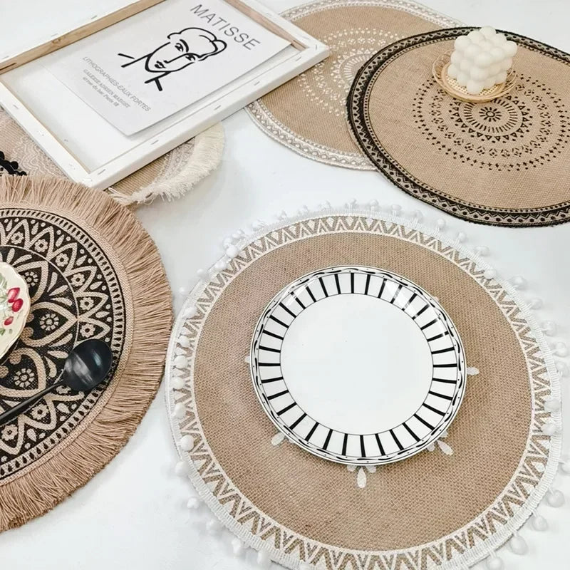 Nordic Round Floral Placemat – Cotton Linen Heat-Resistant Mat