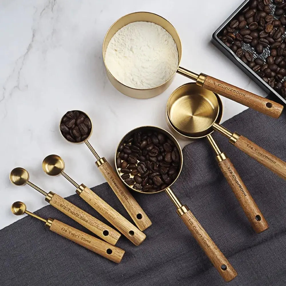 Wooden Handle Stainless Steel Measuring Cups & Spoons Set