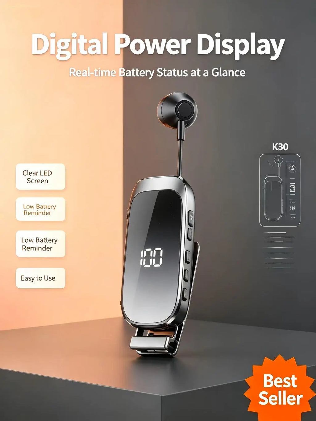 K30 Clip-On Bluetooth Earbud – Retractable Wire & Power Display