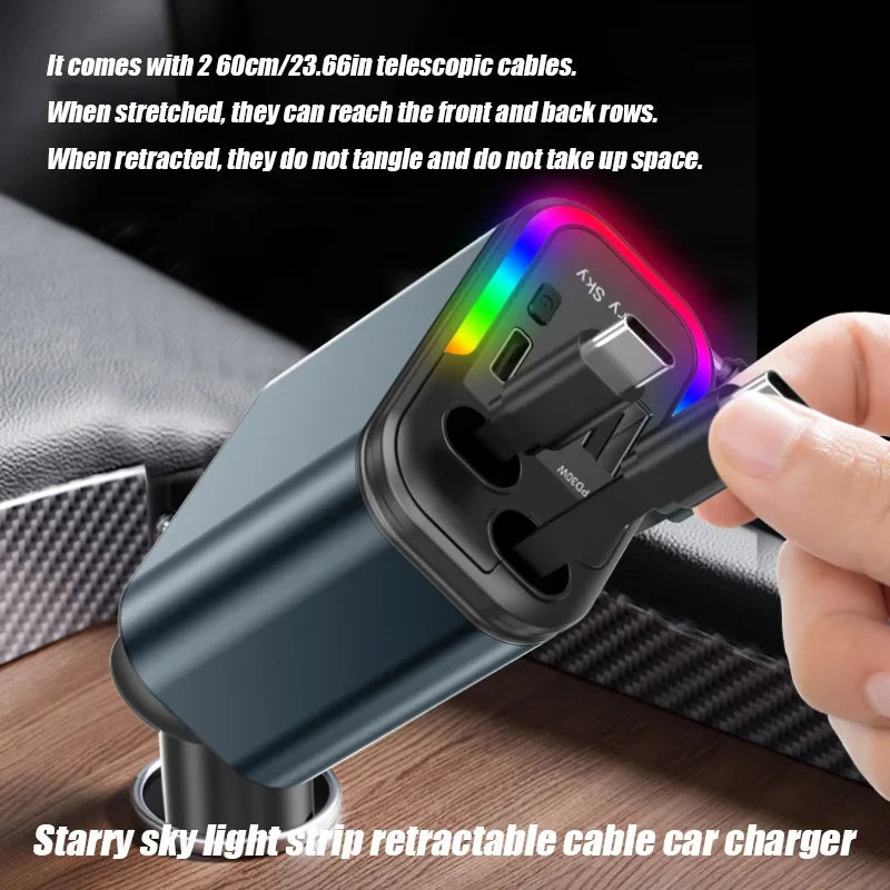 4-in-1 180W Fast Car Charger with 2 Retractable Cables