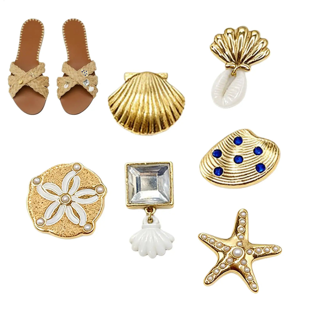 6-Piece Gold Sea Shell Sandal Charms – Beach Slipper Decor Set
