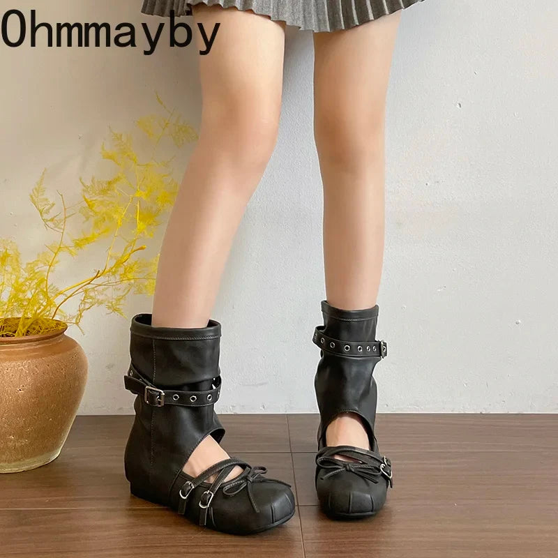 Women's Vintage Hollow Wedge Sandal Boots – Slip-On Western