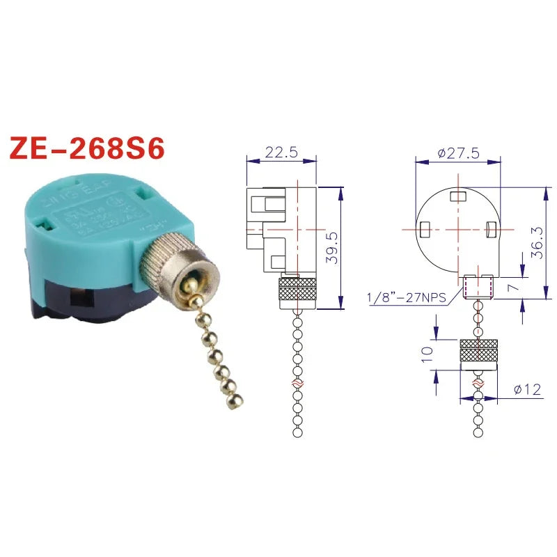 ZE-268S6 3-Speed Ceiling Fan Pull Chain Switch 4-Wire