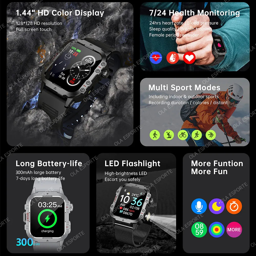 2026 Military-grade Smart Watch Men GPS Flashlight 3ATM Waterproof