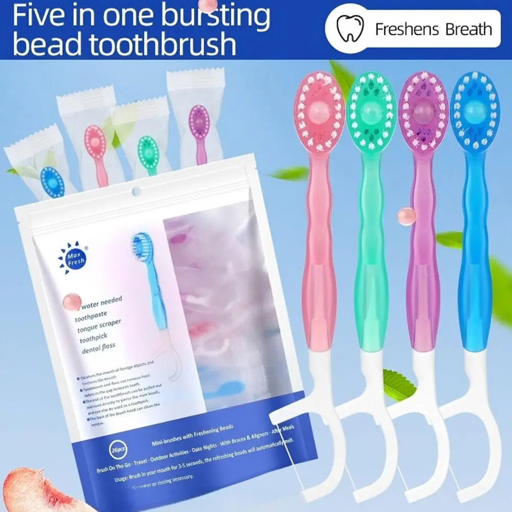 5-in-1 Disposable Travel Toothbrush – Toothpaste, Floss & Pick