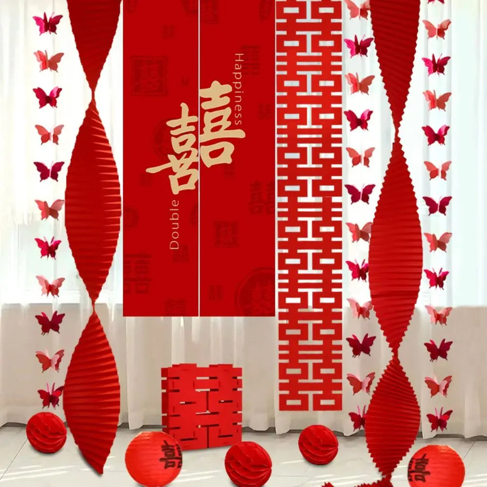 Red Chinese Wedding Hanging Flags | Double Happiness Décor