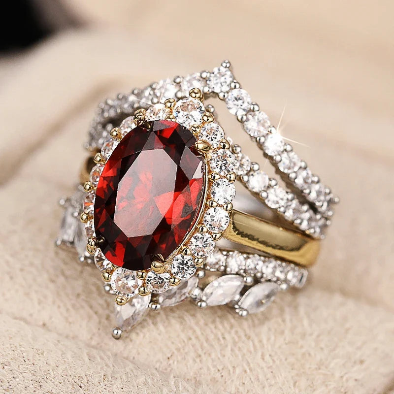Huitan 3-Piece Red CZ Bridal Ring Set for Women | Wedding Jewelry