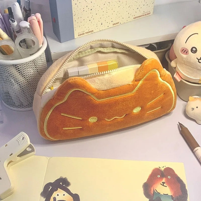 Cute Cat Caramel Bread Plush Pencil Bag Kawaii Student Large Capacity