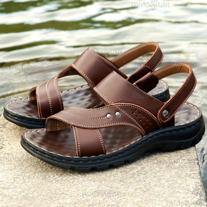Men's Roma Leather Sandals – Non-Slip Thick-Sole Beach Shoes