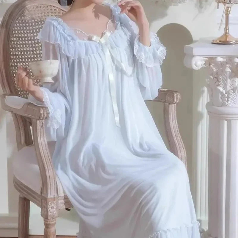 Women's Lace Mesh Nightgown – Bow Long-Sleeve Nightdress
