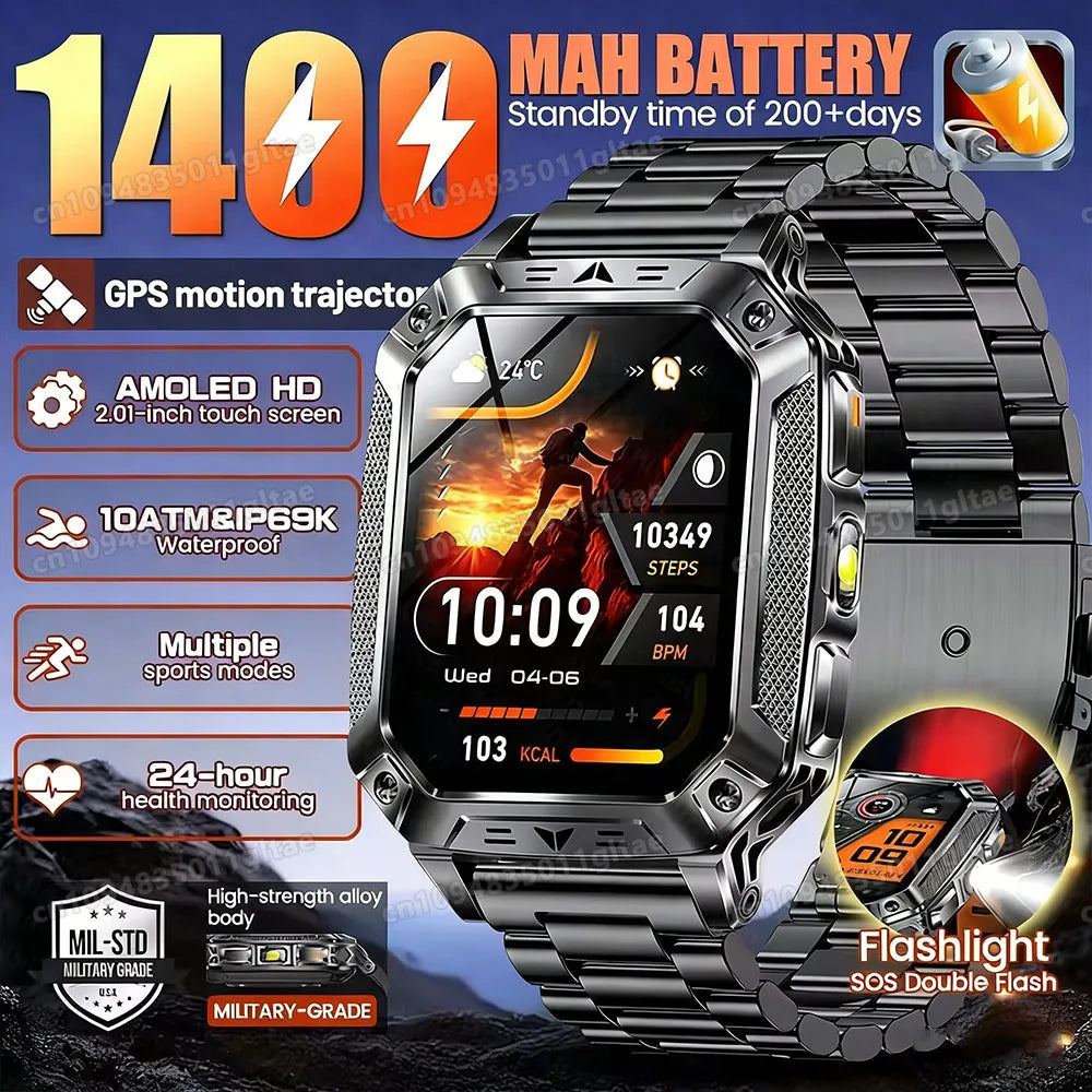 1400mAh Big Battery Smart Watch Men Outdoor GPS Flashlight 10ATM
