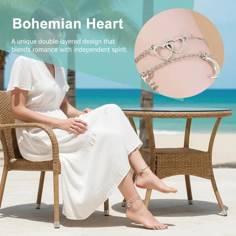Bohemian Double Heart Anklet – Layered Ankle Bracelet for Women