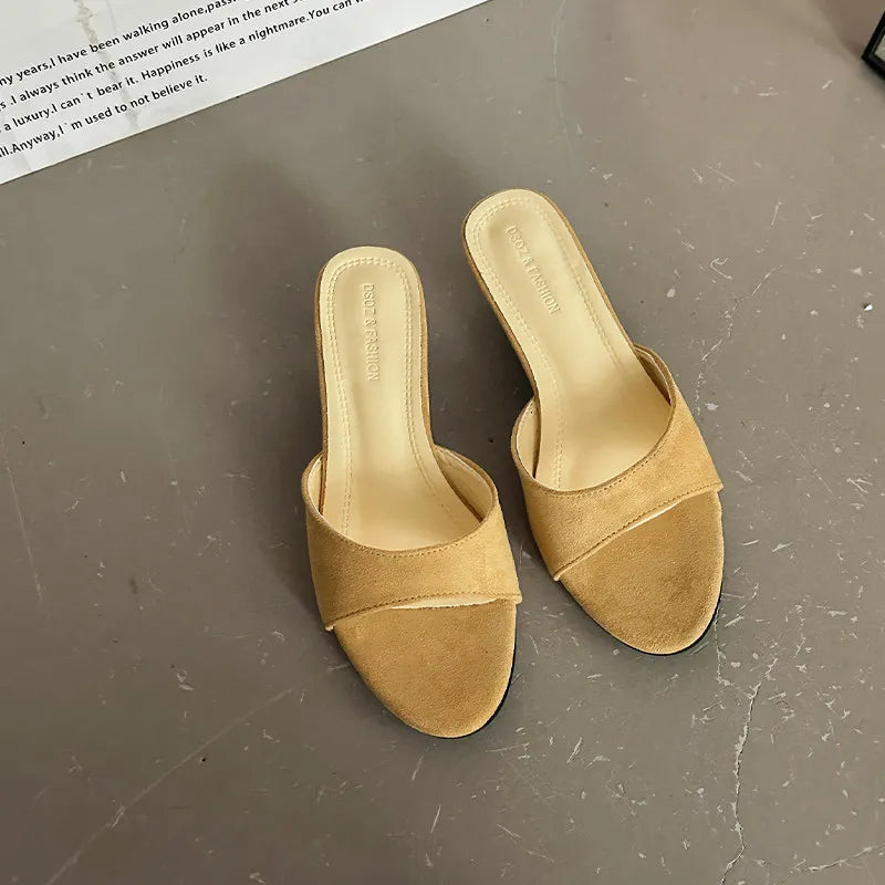 Women's Open Toe Suede Slide Slippers – Thin Heel Summer Shoes