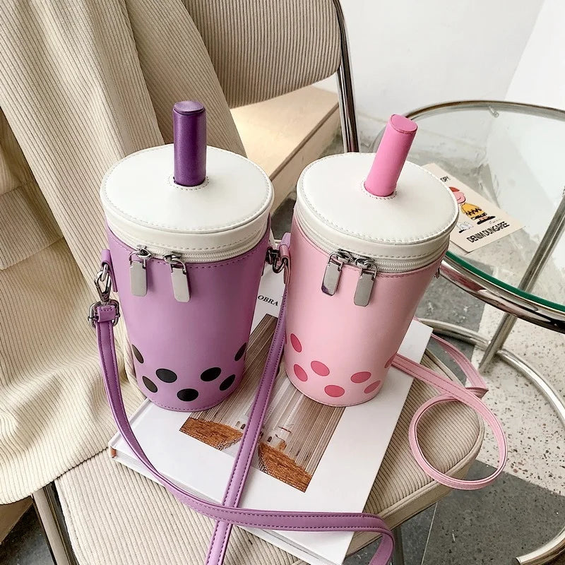 Cartoon Milk Tea PU Bucket Crossbody Bag for Women