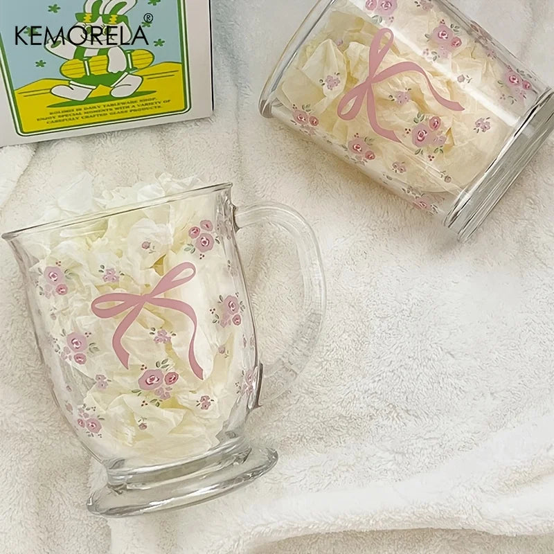 KEMORELA 450ml Floral Rose Glass Cup | U-Shaped Coffee Glass