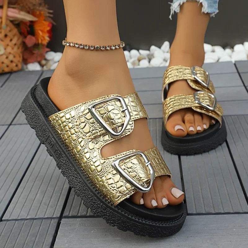 UXST Women's Metal Buckle Flat Sandal Slippers | Anti-Slip