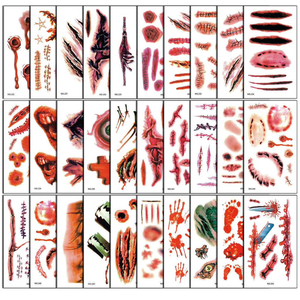 Halloween Wound Scar Tattoo Stickers – 10 Sheets, 120+ Designs