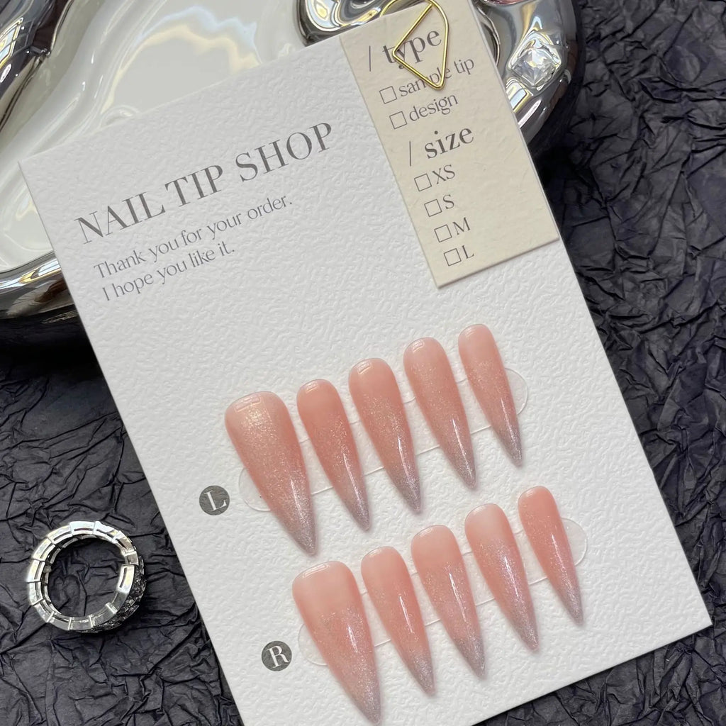 Handmade Press On Nails Long Almond Cat's Eye Blush Gradient