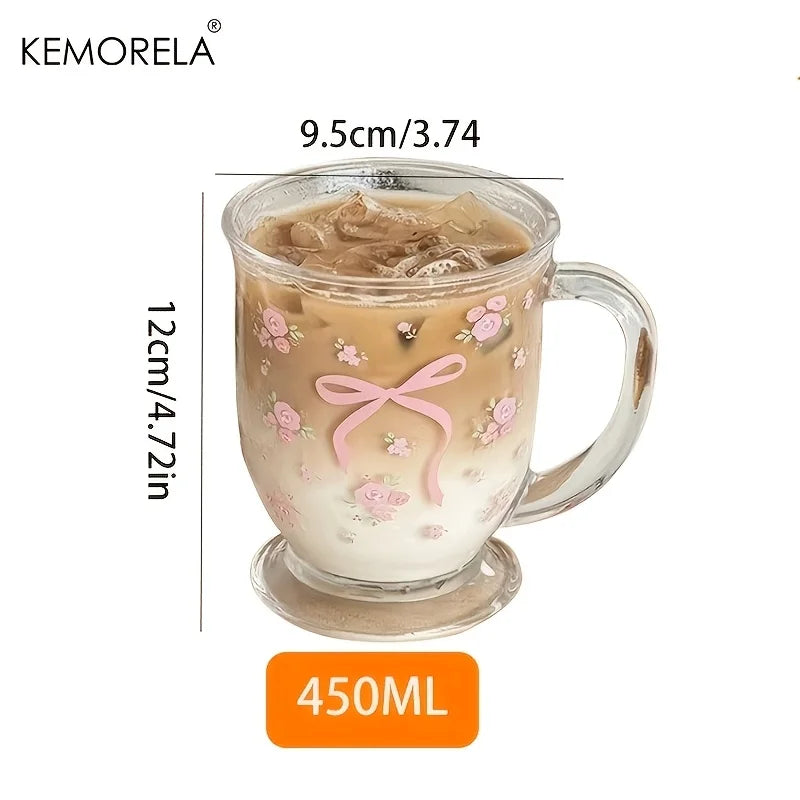 KEMORELA 450ml Floral Rose Glass Cup | U-Shaped Coffee Glass