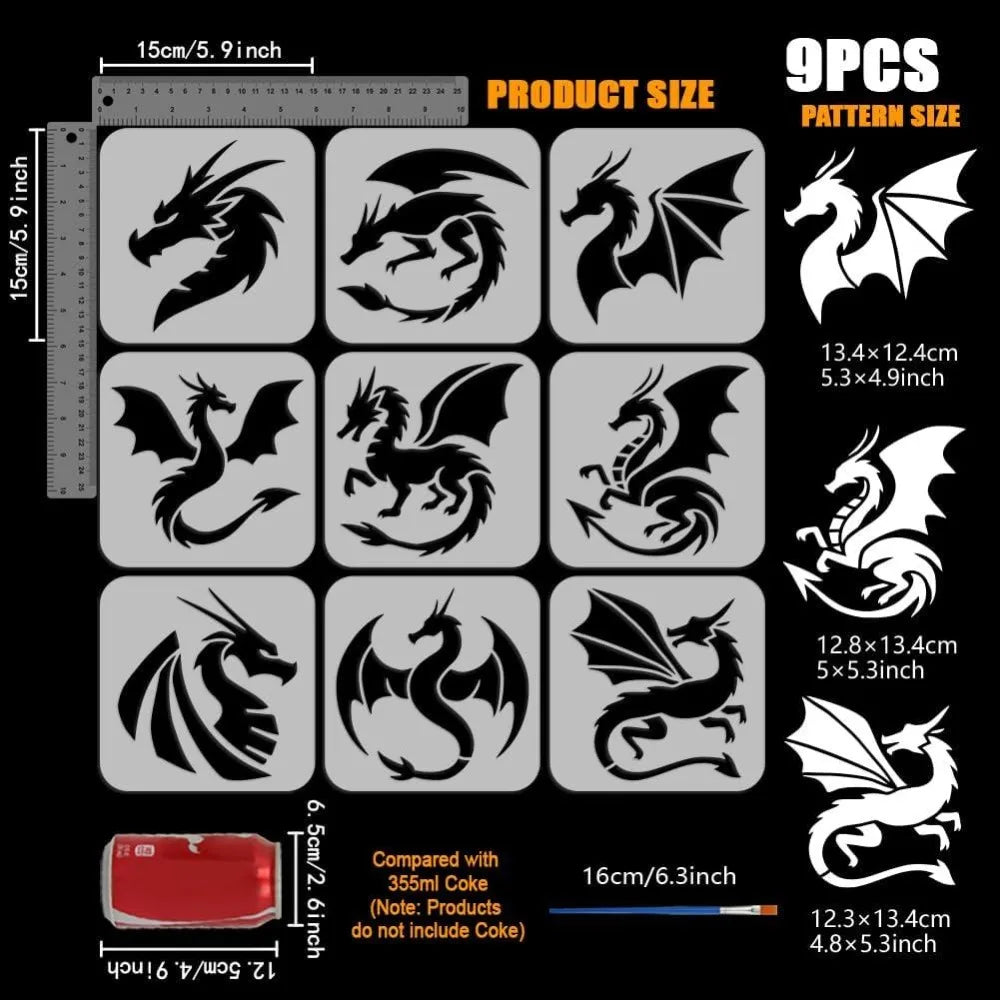 9-Piece Dragon Stencil Set 5.9" – Reusable Templates & Brush