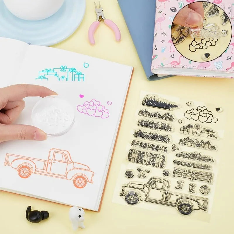 Autumn Farm Truck Clear Silicone Stamp – Pumpkin & Flowers