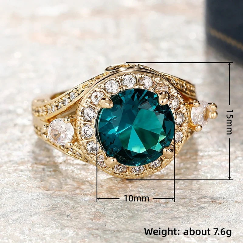 Huitan Green CZ Ring for Women – Gold-Tone Wedding Band | Size 5–14