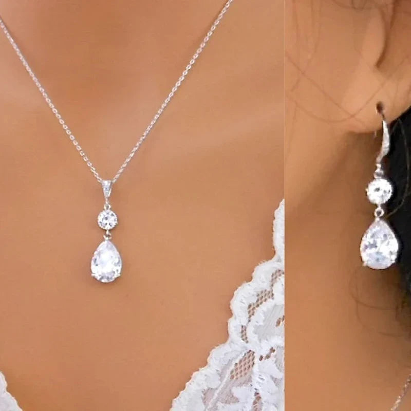 Huitan Waterdrop CZ Drop Earrings – Silver Tone Wedding Party