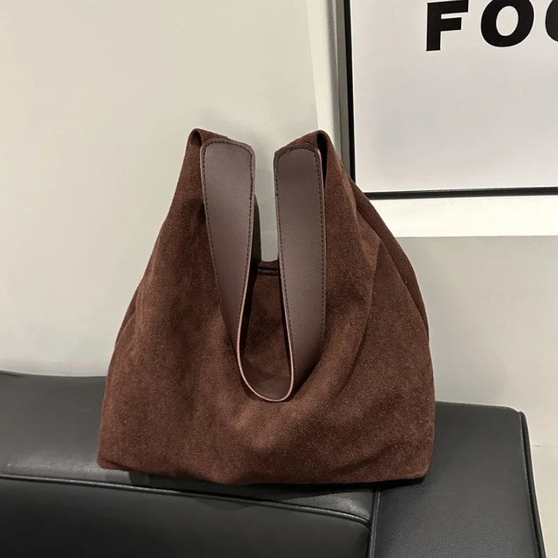 Women's Large Retro Faux Suede Tote Shoulder Bag | Matte Handbag