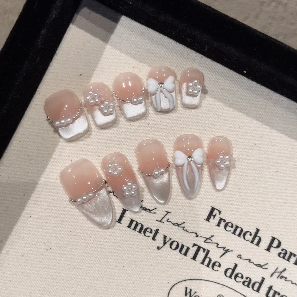 Black Bowknot Press-On Nails | Rhinestone French Short Fake Nails