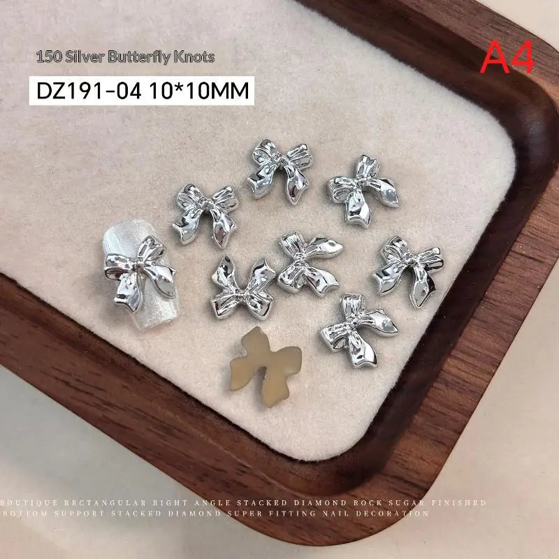 50pcs Gold & Silver Bow Tie Resin Nail Art Charms | Manicure Decor