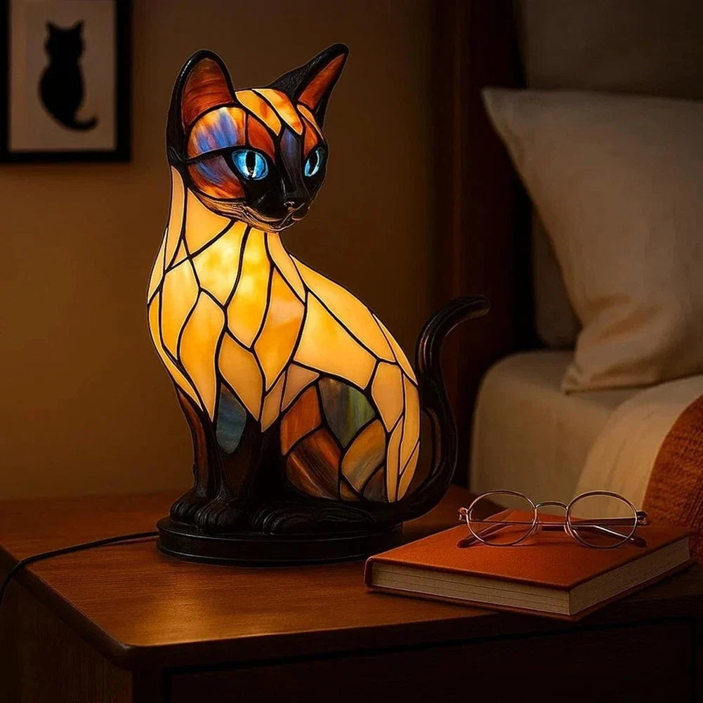 Cute Cat Lamp Stained Glass Retro Led Resin Tabletop Night Light