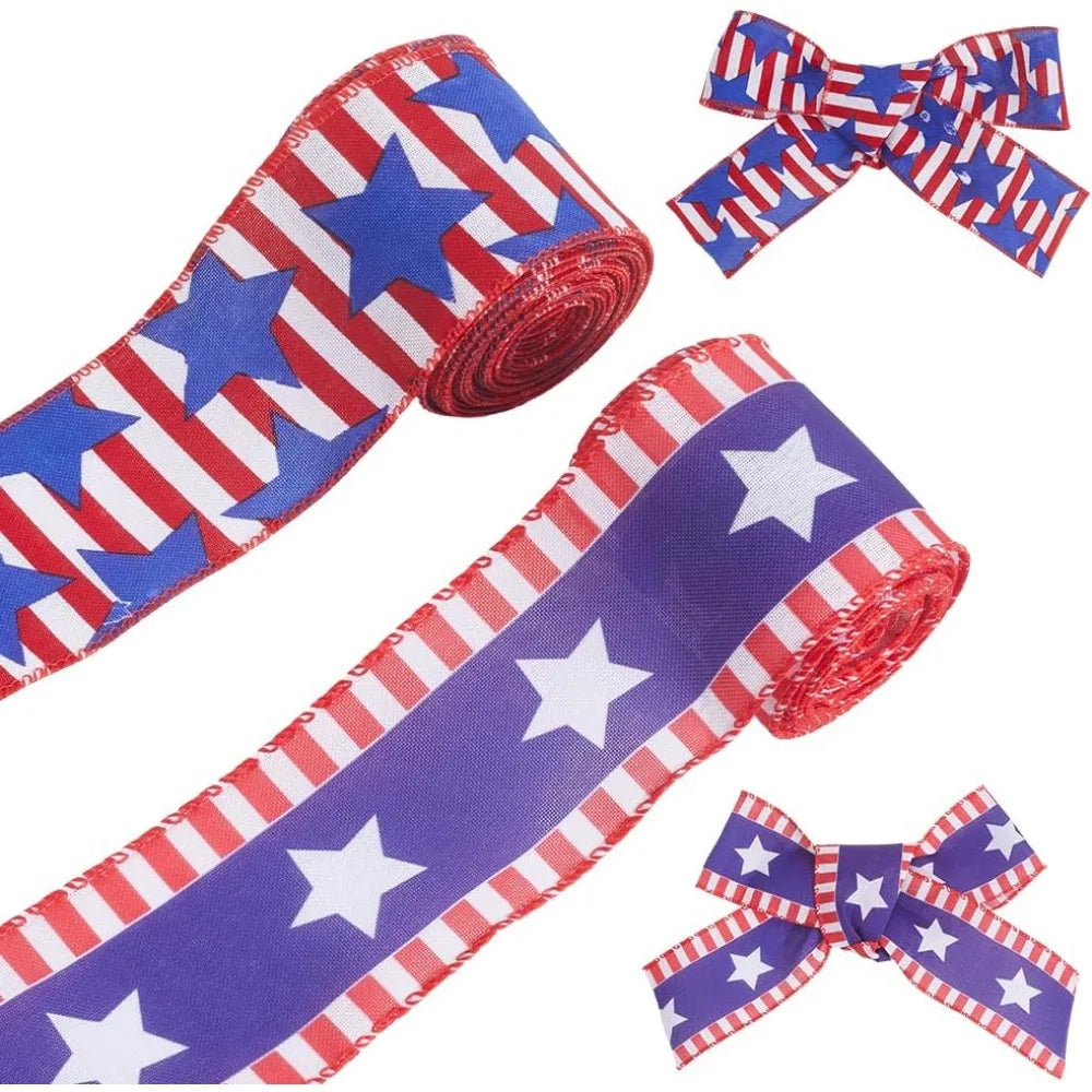 Patriotic Star Ribbon 2 Rolls – Red White Blue Polyester 60mm