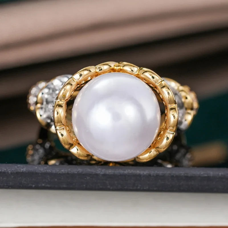 Huitan Pearl & CZ Pave Engagement Ring for Women | Sizes 5–14