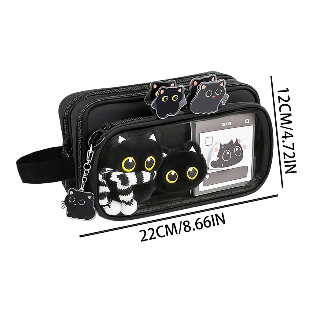 10-Layer Black Cat Pencil Case Set with Sticky Notes & Gel Pens