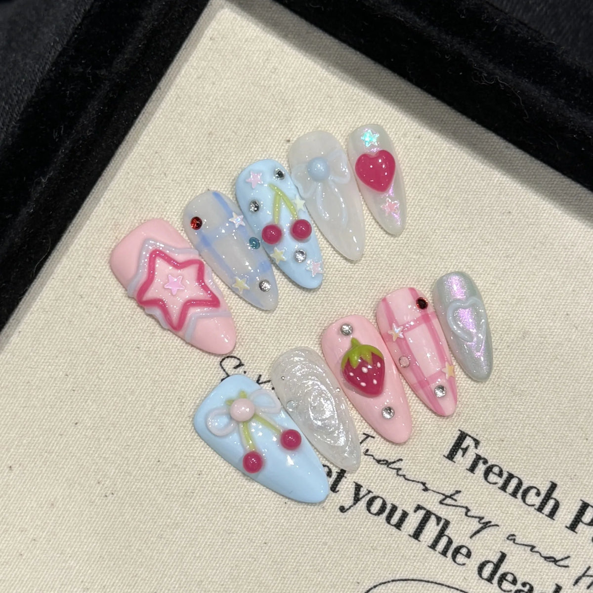 3D Press-On Nails Korean Sweet Pink Blue Almond Tips | YADORNOS