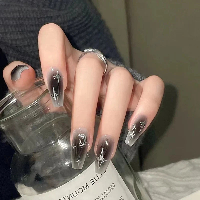 Y2K Black Ballet Press-On Nails Moon Star Design 24pcs