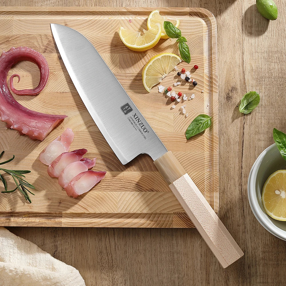 XINZUO Santoku Knife 7.24" Aogami No.2 Steel | Maple Horn Handle