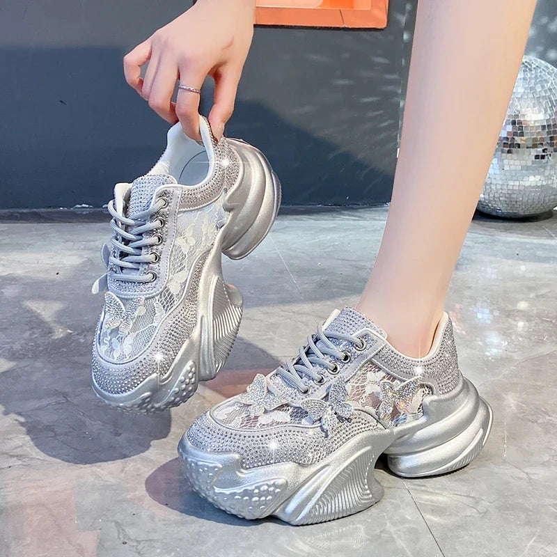 Women's Platform Sneakers – Butterfly Bling Lace-Up Casual Shoe