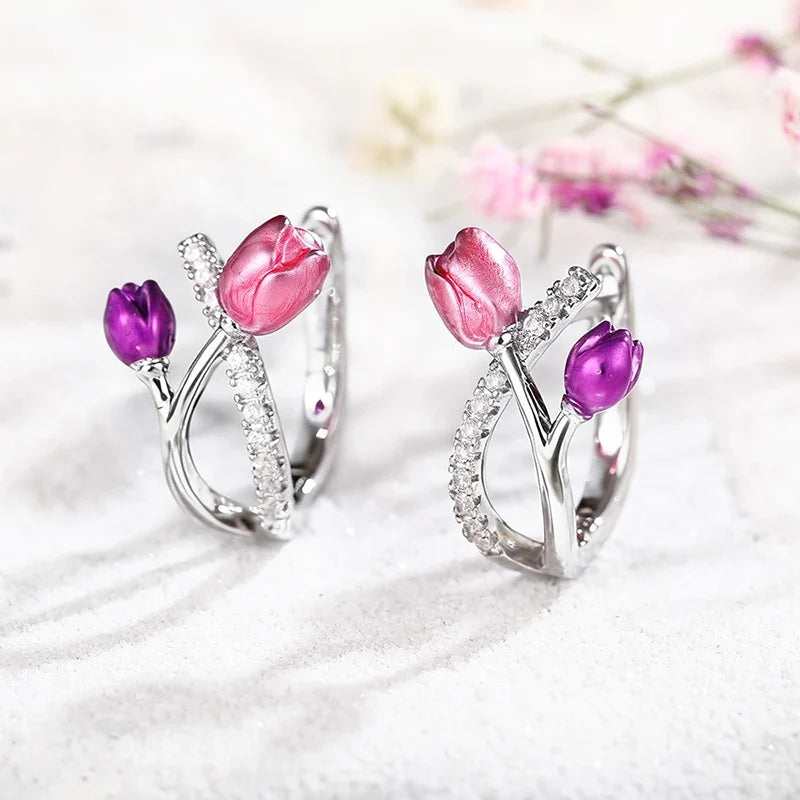 Huitan Pink Purple Tulip Hoop Earrings – CZ Flower Hoops