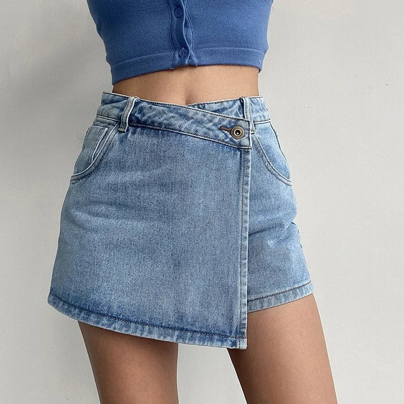 Women's High-Waist Denim Skort – Fake Two-Piece Jean Skirt