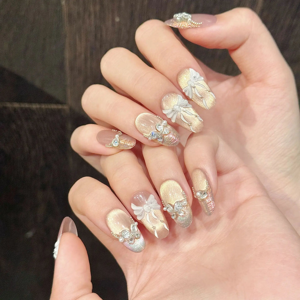 Korean 3D Bow Press On Nails | Aurora Glitter Diamond 10pcs Set